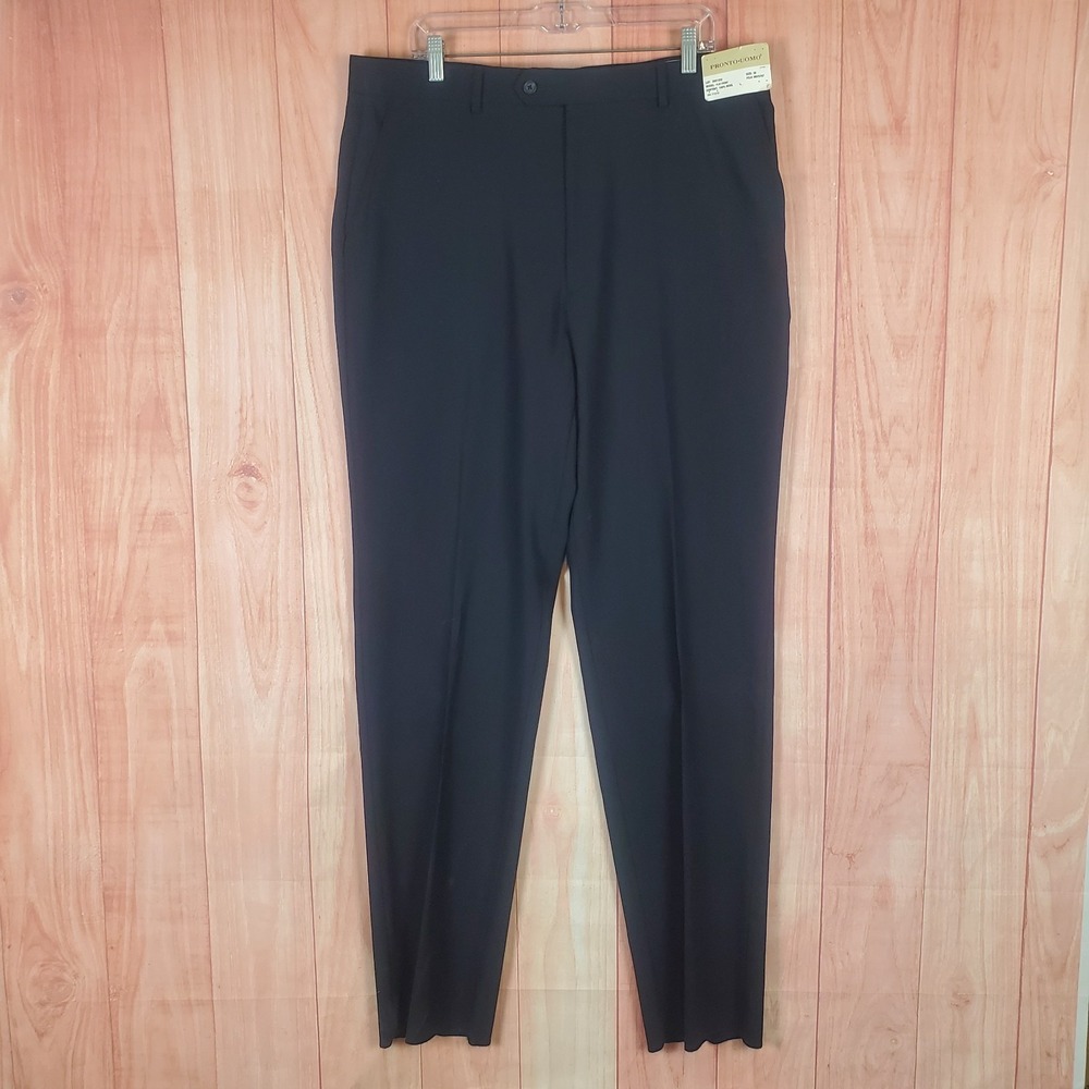 Pronto‎ Uomo Dress Pants Mens Sz 38 Black Platinum Wool Classic Fit Flat Front